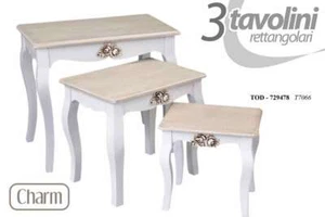 SET 3 TAVOLINI LEGNO CHARM RETTANGOLARI DECORO ROSE SHABBY CHIC BIANCO MARRONE - Foto 1 di 3