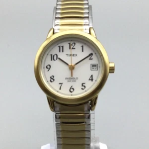 Timex Watch Women 25mm Gold Silver Two Tone Date Stretch Indiglo New Battery f1 - Picture 1 of 15