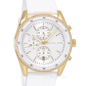 Michael Kors Hadyn Womens Gold Chronograph Watch, White Silicone Band, Crystals - Picture 1 of 8