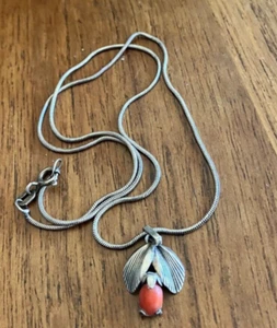 Coral 835 German Silver Snake chain with Floral Pendant red 5/8 in - Picture 1 of 6