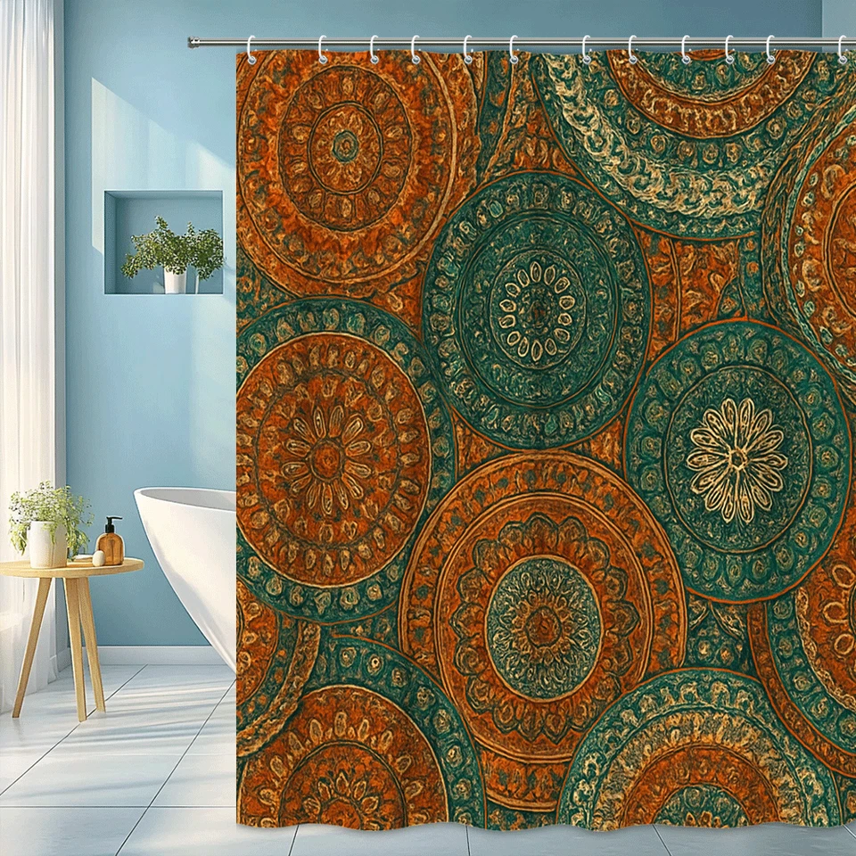 Cortina de Ducha Boho Colorida con Diseño Mandala, Tela Impermeable Foto 1 de 4