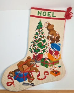 Vintage Wool Needlepoint by Hand Christmas Stocking - 18" Bears Trimming Tree - Picture 1 of 11