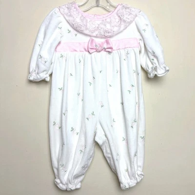VTG BT Kids Pink Velour Velvet Rose Embroidered Lace Collar Romper 3-6Months - Image 1 of 4