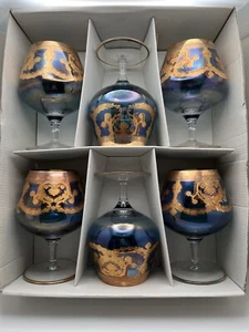 Vintage 6er Set Schnaps Schnapsel ~ Bormioli Rocco 24K Goldrand blau Kristall - Bild 1 von 8