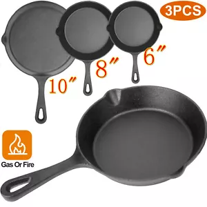 3PCS 6"/8"/10" Pre Seasoned Cast Iron Skillet Non-Stick Oven Kitchen Frying Pan - Picture 1 of 8