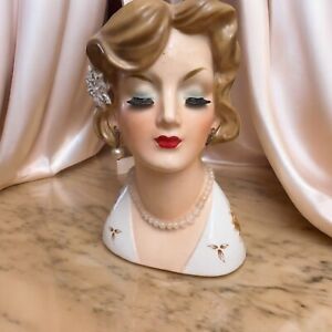 Vintage Lady Head Vase Planter Nippon Japan Red Clover Pearl Earrings Necklace