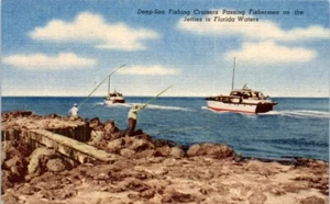 DEEP-SEA FISHING CRUISERS Fisherman on the Jetties FLORIDA FL boat - Postcard - Picture 1 of 2