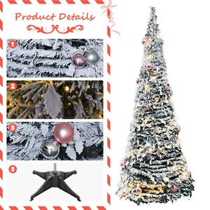 6FT Pre-Lit Flocked Christmas Tree Fully Decorated Pull Up Collapsible Xmas Tree - Picture 1 of 14