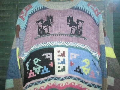 Made In Peru Vtg 80s 1990s Geometric Squirrel ALPACA WOOL Sweater native L - Image 1 of 4
