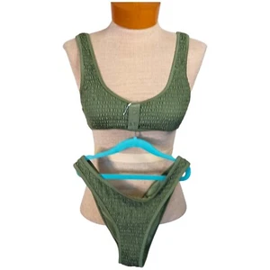 Size Small Kylie & Kendall Bikini High Rise Henely Smocked Bare Bottom Dark Ivy - Picture 1 of 7