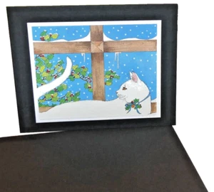Upcycled Repurposed Black Christmas Card White Holiday Cat Blank Inside w/Env. - Picture 1 of 4