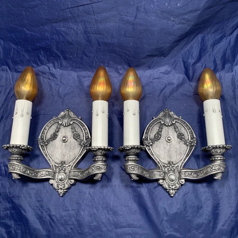 Pair of antique double candle wall sconces with dark pewter finish 85A Cover