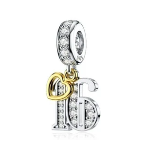 S925 Silver & Gold Pl Hanging 16th Milestone Birthday Charm by YOUnique Designs - Picture 1 of 2