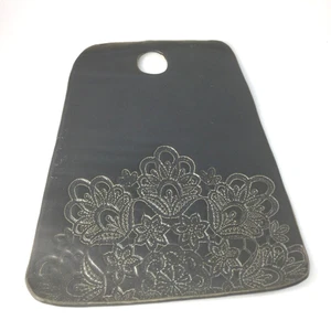 Handmade Ceramic Cutting Board Cheese Snacks Tray Grey Embossed Floral 12" x 10" - Picture 1 of 5