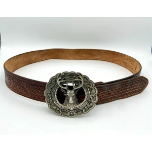 Vintage 33" - 37" Herren Ledergürtel mit Zinn Elchkopf Schnalle - EJC 95 USA LESEN - Bild 1 von 13