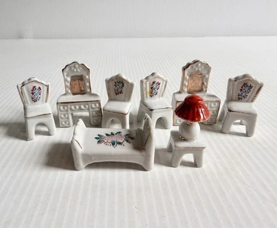 Lot of Ceramic Dollhouse Furniture Floral Mini Japan- Dresser, Chair, Bed, Lamp - Image 1 of 4
