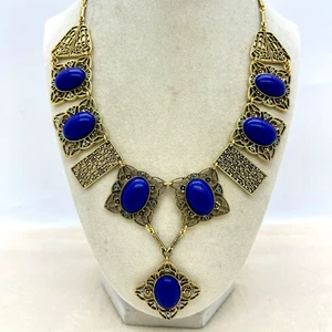 Vtg Joan Rivers Faux Lapis Art Nouveau Style Filigree Statement Bib Necklace - Picture 1 of 8