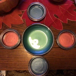 Set aus sechs Vintage Silber Teller Untersetzern mit farbigen Mitten ~ W&S Blackinton - Bild 1 von 9