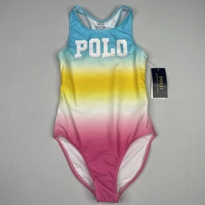 Polo Ralph Lauren Girls SIZE 6X Logo Ombré One-Piece Swimsuit Turquoise/Pink - Picture 1 of 6
