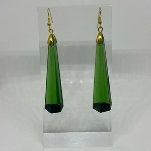 VERY LONG GORGEOUS TAPER GREEN GLASS ARTDECO STYLE EARRINGS GOLD PLATED hook - Picture 1 of 7