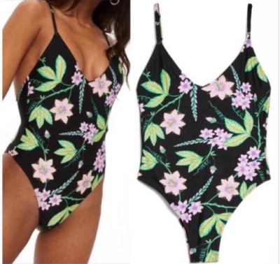 Topshop Tropical Floral 1-piece swimsuit Women's 4 Black/Green/Pink/Yellow ~ NEW - Image 1 of 4