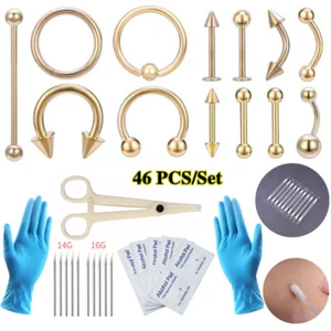 46Pcs/Set Stainless Steel Ear Nose Lip Eyebrow Piercing Kit Piercing Needle Tool - Picture 1 of 26