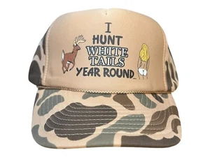 Vintage Camo Trucker Hat I hunt white tails year around Deer hunting Hat Funny - Picture 1 of 5