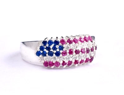 A Mano Bandiera Americana Unisex Patriottico Misura Anello USA 4-14 925 Argento - Immagine 1 di 4