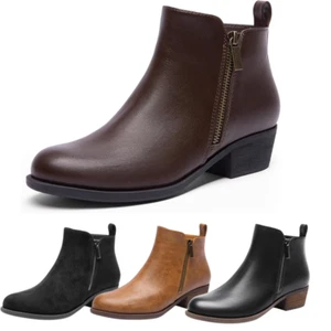 Women Low Chunky Block Heel Close Almond Toe Zip Up Ankle Boots - Picture 1 of 26