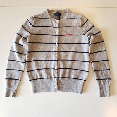 Girls Wool Polo Ralph Lauren Gray Striped Cardigan - Image 1 of 2