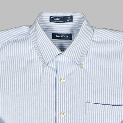 Camisa Oxford Nautica 16 32/33 azul listra branca colarinho com botões 100% algodão - Imagem 1 de 4
