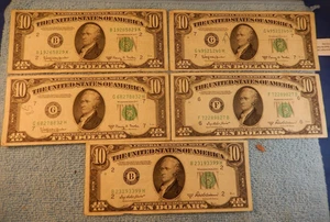 1950 $10 Federal Reserve Notes Light Green Seal Lot of 5 - Picture 1 of 2