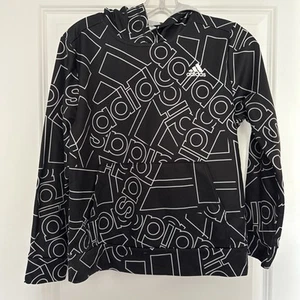 Adidas Logo Pullover Hoodie YOUTH Medium (10-12) Black All-Over Print - Picture 1 of 4