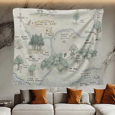 Tapiz Winnie the Pooh, mapa de madera de cien acres, arte de pared de dibujos animados, decoración de guardería Foto 1 de 4