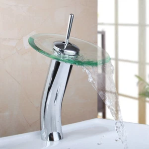 Bathroom Sink Basin Glass Widespread Waterfall Mixer Faucet Chrome Tap - Picture 1 of 5