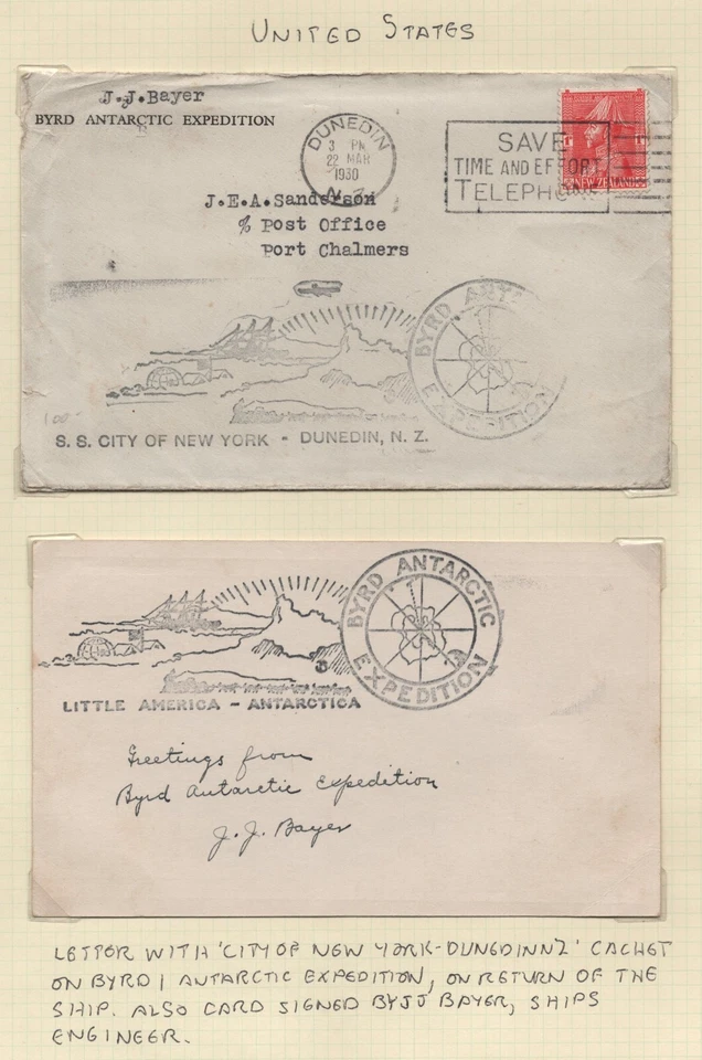 NEW ZEALAND ANTARCTICA 1930 EXPEDITION COVER & CARD AUTOGRAPHED BY JJ BAYER - Image 1 of 2