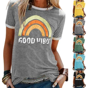 Women Rainbow Graphic Tee Shirt Letter Print T Shirt Casual Short Sleeve Tops∝ - Picture 1 of 16