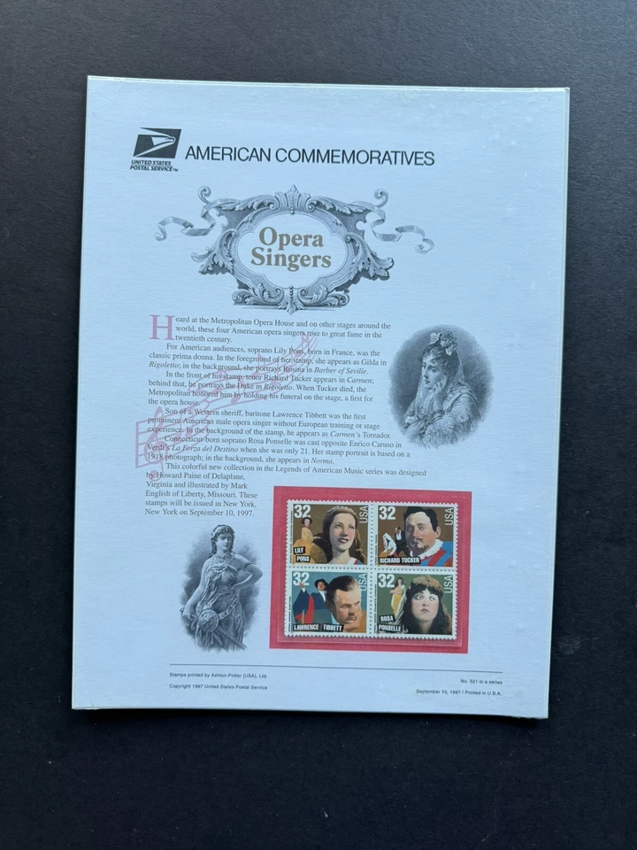 US 1997 Commemorative Panel (521) Opera Singers +MNH #3157a +US Music Series - Image 1 of 1