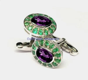 Natural Amethyst & Emerald Gemstones 925 Sterling Silver Cufflinks For Men #893 - Picture 1 of 3