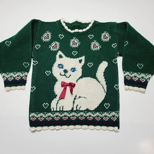 Vintage 90s Kitten Hearts Sweater Girls Size 5T Acrylic Christmas - Picture 1 of 6
