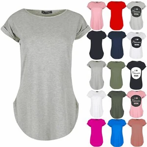 Womens Ladies Plain Round Neck Turn Up Cap Sleeve Curved Hem Jersey T Shirt Top - Picture 1 of 37