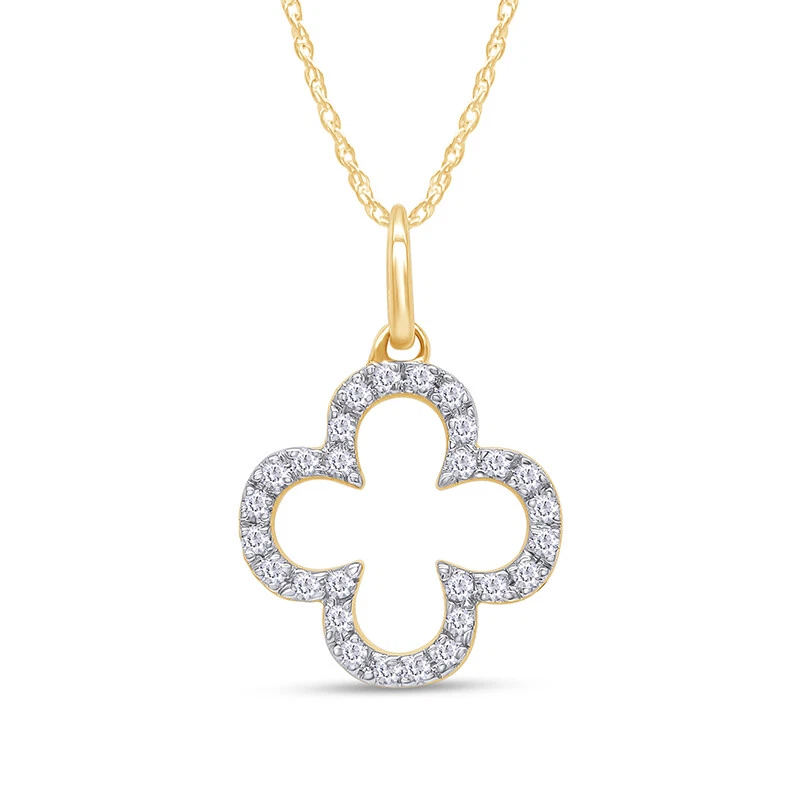 Collar de 18" con colgante de flor de trébol abierto de diamantes naturales de 1/7 quilate en oro macizo de 14 k Foto 1 de 4