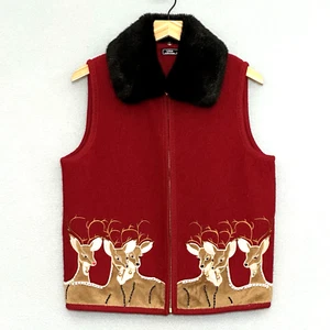 VTG Lisa Womens Vest M Red Boiled Wool Embroidery Reindeer Faux Fur Holiday - Picture 1 of 14