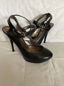Guess Leather Platform Stiletto Heel Double Strap Black Heels Size 8 - Picture 1 of 14