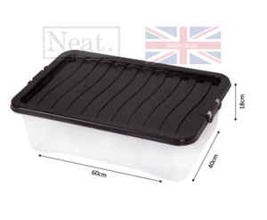 PLASTIC CLEAR UNDERBED STORAGE BOXES - BLACK LID ORGANISING SCHOOL HOME OFFICE - Picture 1 of 2