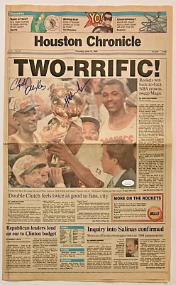 Hakeem Olajuwon Clyde Drexler Signed Houston Chronicle Front Page Newspaper JSA - Image 1 of 2