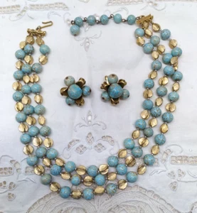 Juego de Pendientes Collar Hattie Carnegie Vidrio Turquesa Cepillado Tono Oro De Colección - Imagen 1 de 7