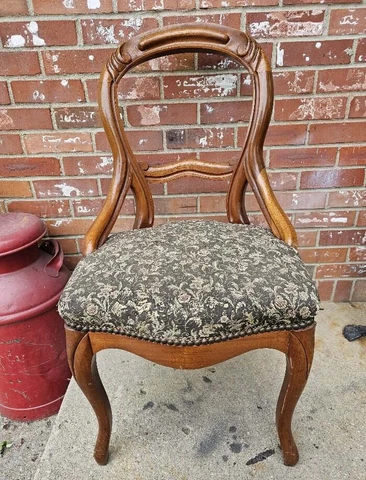 Antique Walnut Chair Balloon Back Carved Back Brown Floral Upholstery #1 Cover