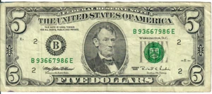 1995 5$ FRN - Small portrait w/ security thread - MEW/RER B93667986E - #15361 - Picture 1 of 2