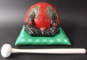 bwd2403 JAPANESE BUDDHIST MOKUGYO WOODEN FISH DRUM RED 16.8cm Width VINTAGE - Picture 1 of 17